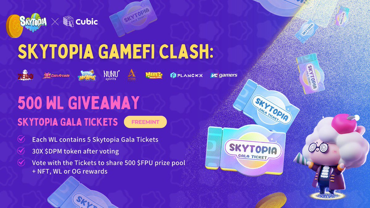 SkytopiaLabs's tweet photo. 🔥Get your #Skytopia Gala Ticket ready and cast your vote for your favorite gaming project!
🔗https://t.co/ozmR9y2EeY

#Giveaway 500 Skytopia Gala Ticket #Whitelist to celebrate!(FCFS)✨🪙

✅RT, Like & complete the quest: https://t.co/AtVyUlcSS1
✅Freemint with WL: https://t.co/fyKiARwkzd
✅Vote to Earn

By voting with your Skytopia Gala Ticket #NFT, you can:
🌟Unlock 30X $DPM wrapped in NFT
🌟Share 500 $FPU & Public mint revenue
🌟Gain access to massive NFTs, WL, OG, or token rewards sponsored by our partners! 
@cubicgamesxyz  @NunuSpiritsNFT  @MEEETOfficial @VCGamers_io   @Planck__X   @LegendofArcadia      @ZeroManor  @playcoinarcade @AORuniverse 

🙌1 Whitelist = Freemint 5 tickets

Best of luck! 🤞

#Crypto #Web3 #NFT #Airdrop #Gaming #community