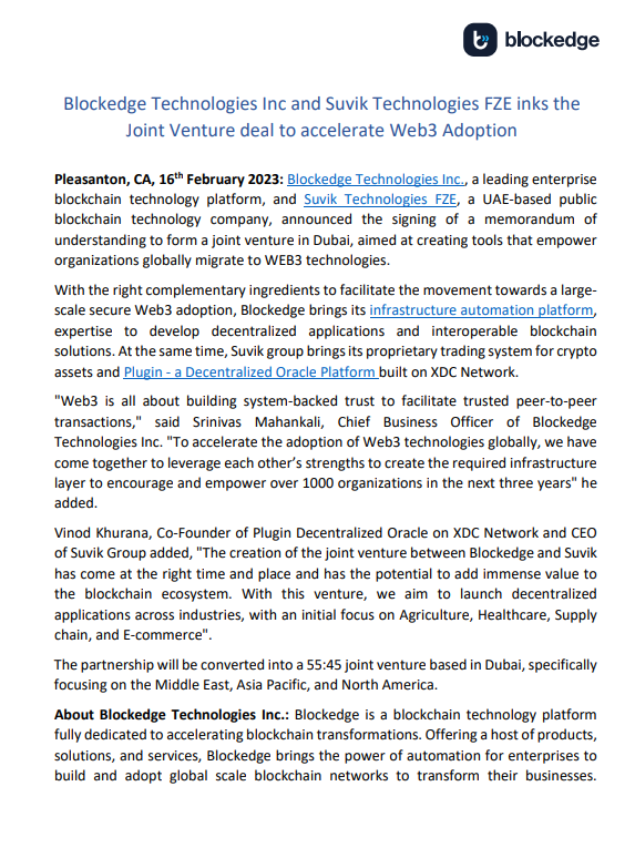 11ppm11's tweet photo. Plugin and Blockedge partner to boost XDC's DeFi and fintech ecosystem

Below is an article from February that is worth highlighting. Here, we will provide a brief explanation.

 ====

#Plugin $PLI and #Blockedge have formed a global partnership to enhance the utility of #XDC's DeFi and #Fintech ecosystem.

Through this partnership, they will leverage Plugin, a decentralized oracle built on the #XDCNetwork, to decentralize numerous E-commerce and Web 3.0 spaces. This will increase reliability and transparency, fostering the development of better decentralized applications #DApps.

Specifically, the collaboration aims to enable E-commerce marketplaces to create more robust decentralized applications, providing users with convenient and secure services. The ultimate goal is to develop outstanding applications for the global market while ensuring data security.

Moreover, the partnership seeks to release over 10 decentralized applications annually and promote the adoption of enterprise blockchain systems.

#Blockedge, on the other hand, is a platform simplifying end-to-end blockchain infrastructure management. By streamlining the adoption and management of blockchain solutions, businesses can easily utilize blockchain technology.

This partnership is expected to enhance XDC's DeFi and fintech ecosystem and foster the broader adoption of enterprise blockchain and decentralized data oracles.

The signing ceremony saw the presence of notable figures such as:

- Plugin: Mr. Vinod Khurana, Mr. Kapil Khurana
- XDC Foundation: Mr. Billy Sebell
- SecureKloud: Mr. Anand Kumar, Mr. Srinivas Mahankali
- Plugin Directors: Col (Dr.) Inderjeet Singh
- Plugin Supervisory Board Members: Mr. Thani Al Ketbi, Mr. Ronald Mitchell
- Plugin Advisory Board Members: Mr. Faris El-Malik

There are high expectations for the outcomes of this partnership.

@XinfinUSA 
@vinodkhuranadxb 
@KapilKhuranadxb 
@CryptoMitch4 
@atulkhekade 
@riteshkakkad 
@tashiten_tad 

https://t.co/eUH3llvjxr

#PLI #PLUGIN #Plugin #GoPlugin
#XDC #XDCNetwork