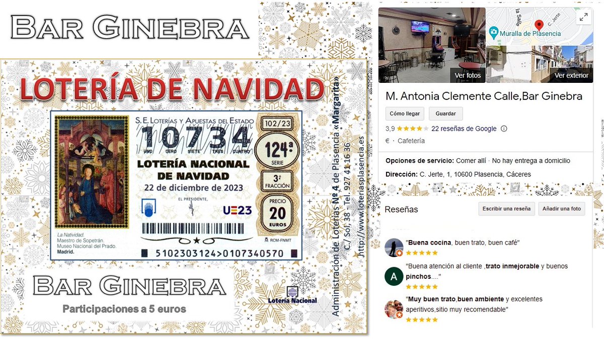 margaps's tweet photo. Bar Ginebra ya tiene a la venta la lotería para el sorteo de Navidad, como cada semana su número abonado, el 10.734. Suerte!!!
https://t.co/i5mJKLO56f
#juegos #loteriasplasencia #Plasencia #sorteo #GranPremio #loteria #margarita #navidad #barginebraplasencia #GordoDeNavidad https://t.co/rNB0GJo7W7