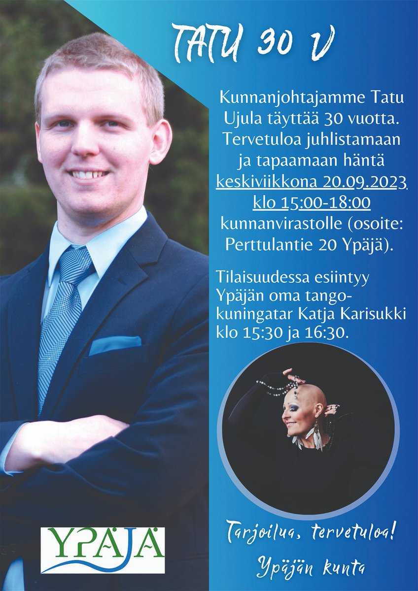 TatuUjula's tweet photo. Lämpimästi tervetuloa! Kannattaa merkitä kalenteriin hyvissä ajoin. Mukana esiintymässä Ypäjän oma tangokuningatar Katja Karisukki.
#Ypäjä #täyttälaukkaa #kunnanjohtaja #30v #tangokuningatar #viestintä #tapahtuma https://t.co/YCzhGuF8tl