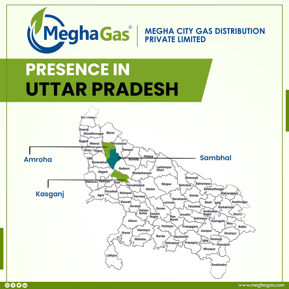 Megha Gas has its presence in three districts of #Amroha, #Sambhal & #Kasganj in #UttarPradesh serving the fuel needs of people there.

#MeghaGas #CNG #CGD #CleanEnergy #GasVehicles #FuelOfTheFuture #EcoFriendly #SaveEnvironment #GreenFuel #GreenerEarth #Sustainable #MEIL #MCGDPL