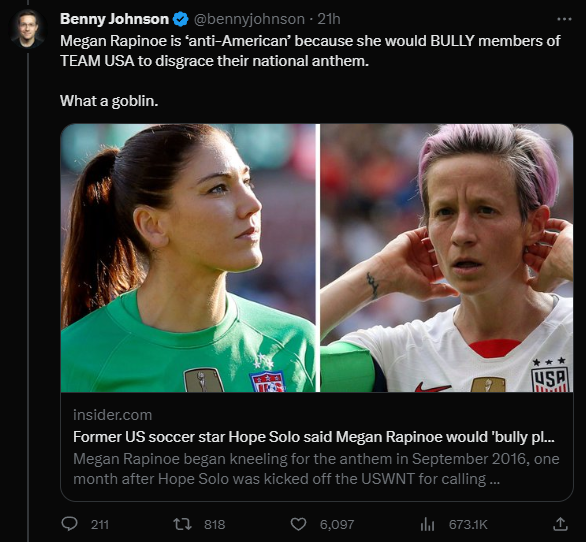 After not getting one thing correct about Rapinoe & the UWNT crashing out of the WWC, he doubled down on it by using a quote from bastion of 🇺🇸 virtues Hope Solo...who never played on a USWNT with Rapinoe after being fired for MULTIPLE conduct violations. You can't make this up