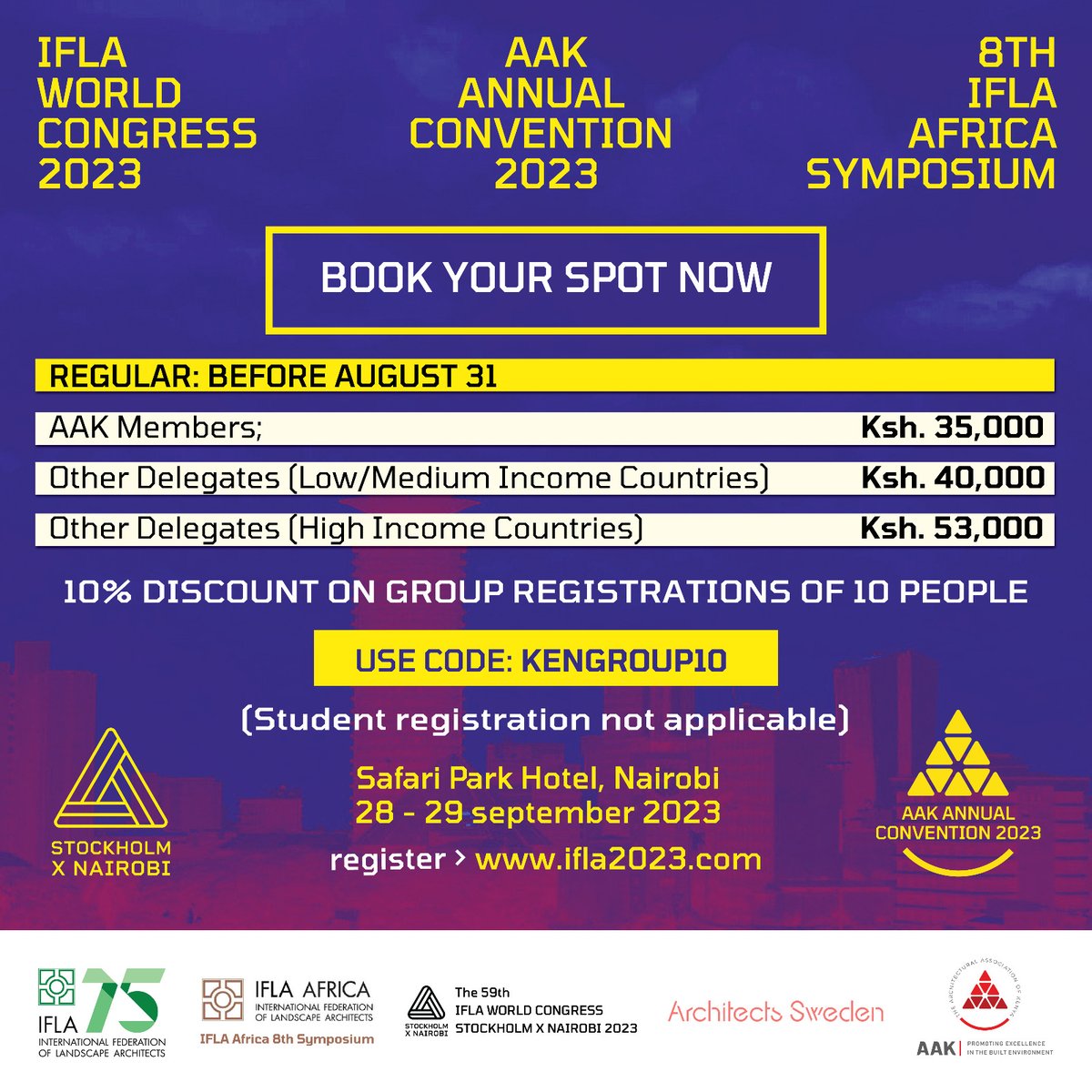 LandscapeArchKE's tweet photo. Enjoy a 10% Discount for a Group of 10!

Register👉https://t.co/G3UuVYF26d 

#AAKConvention2023 #IFLA2023  #Emergentinteraction https://t.co/7eI0oASaUE