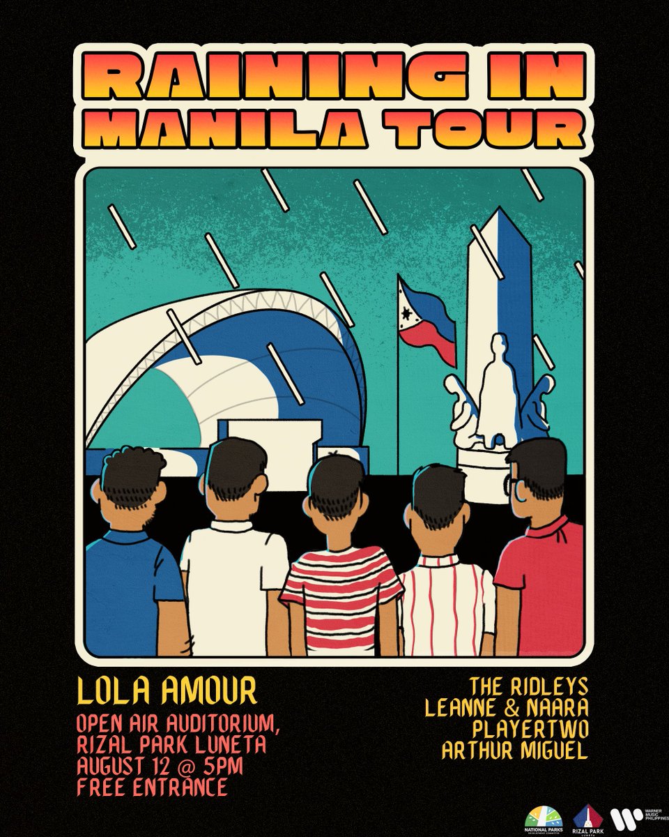lolaamourmusic's tweet photo. #RainingInManila Tour, here we go! ☔️

Kicking off the tour THIS SATURDAY in MANILA, of course! 

AUG 12, 5PM
Open Air Auditorium, Luneta
FREE ADMISSION!

Sharing the stage with:
@TheRidleysMusic 
@LeanneAndNaara 
@weareplayertwo 
and @arthurmiguelii 

More tour stops TBA soon 🤭 https://t.co/HPEstrZzrf