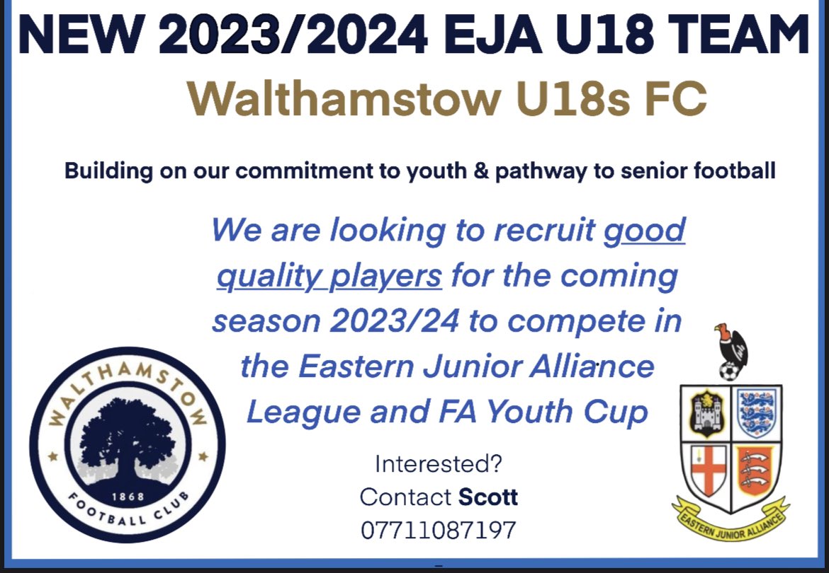 🚨PLAYERS WANTED🚨
U18s players wanted for our New EJA team! Pathway to Step 7 Senior Football! 7 players last season were promoted to Reserve Team! FA Qualified coaches. Quality set up and environment. Chance to also play FA Youth Cup
