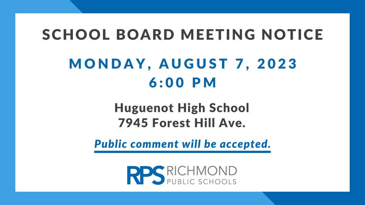 The RPS School Board will hold a meeting at 6:00 pm at Huguenot HS. Public comments will be accepted in-person. Written comments must be submitted via email to speakers@rvaschools.net by 1:00 pm today. The meeting will be livestreamed at youtube.com/RichmondPublic…. #WeAreRPS