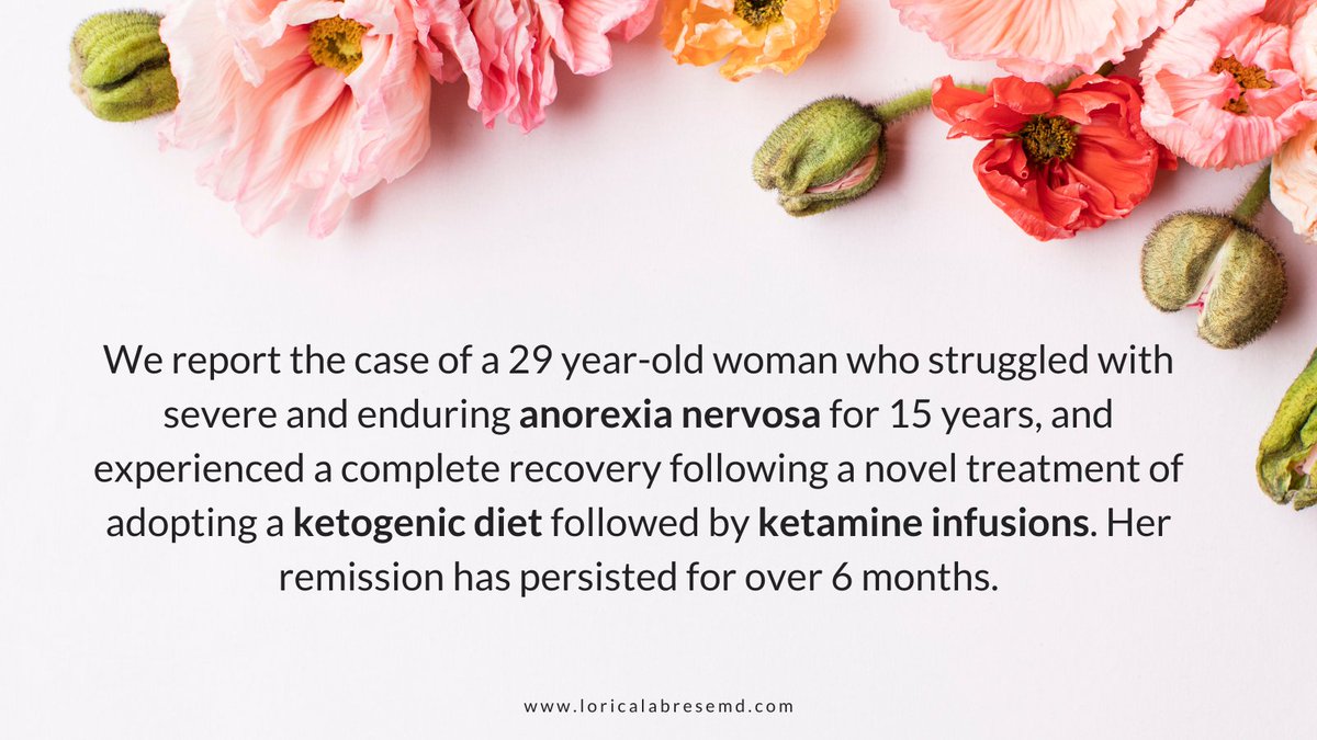 Ketamine has emerged as a novel treatment for treatment-resistant #mooddisorders, particularly those with #suicidalideation. As far as we are aware, there is only one published study of #ketamine infusions for #AN, and it was encouraging #ED #KetogenicDiet ow.ly/WRVY50PoOom