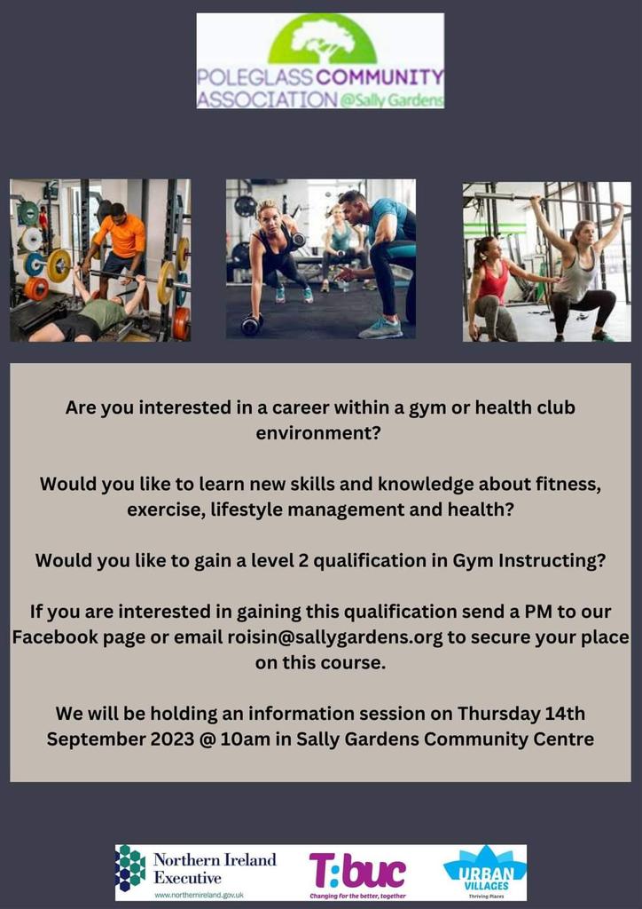PCA_SALLYG's tweet photo. Would you like to develop  knowledge and skills to engage, facilitate and educate clients in a gym environment? 

We will be delivering a level 2 accredited course in Gym Instructing. Contact Roisin by sending a PM to our FB page or email roisin@sallygardens.org

@UrbanVillagesNI https://t.co/S69ypYvDuI