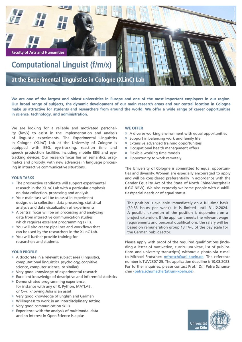 Aug. 10 deadline is approaching for application for a person with expertise in experimental design, programming and statistics. #sfb1252