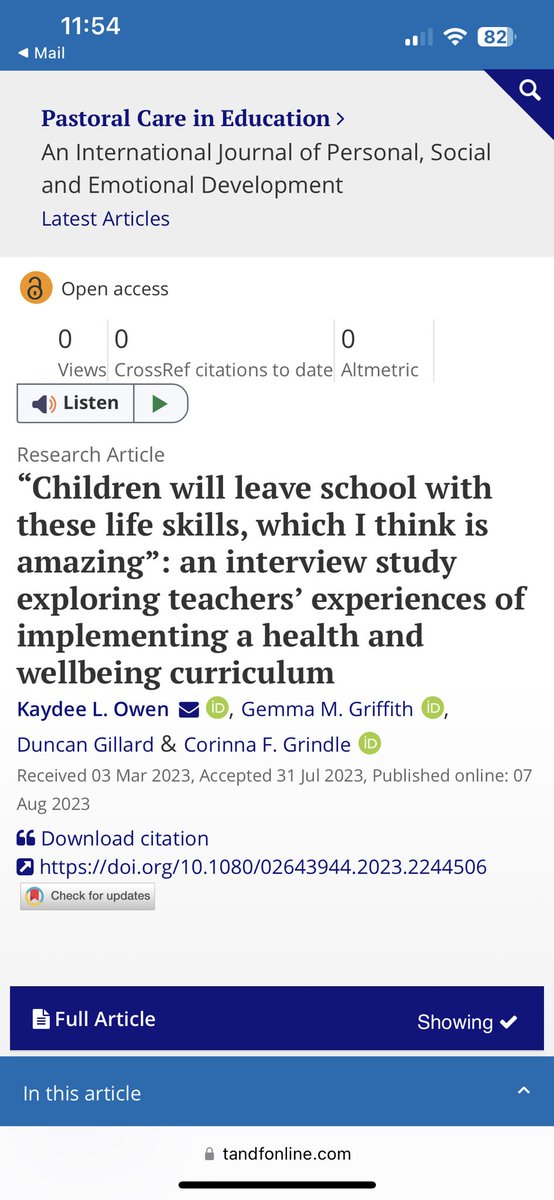 Great to see our paper published on teacher experience of delivering the <a href="/ConnectPSHE/">Connect PSHE</a> children’s wellbeing curriculum with @KaydeeOwen <a href="/CorinnaGrindle/">Corinna Grindle</a> &amp; Gemma Griffiths. Well done Kaydee for leading this! <a href="/_Louise_Hayes/">Dr Louise Hayes</a> <a href="/Jciarrochi/">Joseph Ciarrochi</a> <a href="/myACBS/">Association for Contextual Behavioral Science</a> @DEdPsyExeter tandfonline.com/doi/full/10.10…