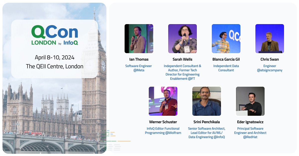 Meet the #QConLondon 2023 Programming Committee 🇬🇧! On April 8-10, 2024 experience a curated learning experience set by senior software leaders: @murphee, @ederign, @sarahjwells, @cpswan, @blanquish, @srinip and @anatomic. Explore more. Link in bio. 🔗 #SoftwareConference