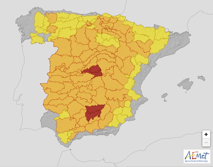 EL MIÉRCOLES PUEDE SER UNO DE LOS DÍAS MÁS CALUROSOS DE LA HISTORIA DE NUESTRO PAÍS.
Calor extremo en casi toda la Península.
Madrid ha activado el aviso rojo porque podrían llegar a 42 ºC. La temperatura más alta medida en Madrid Retiro es 40.7 ºC el 14/8/2021.
