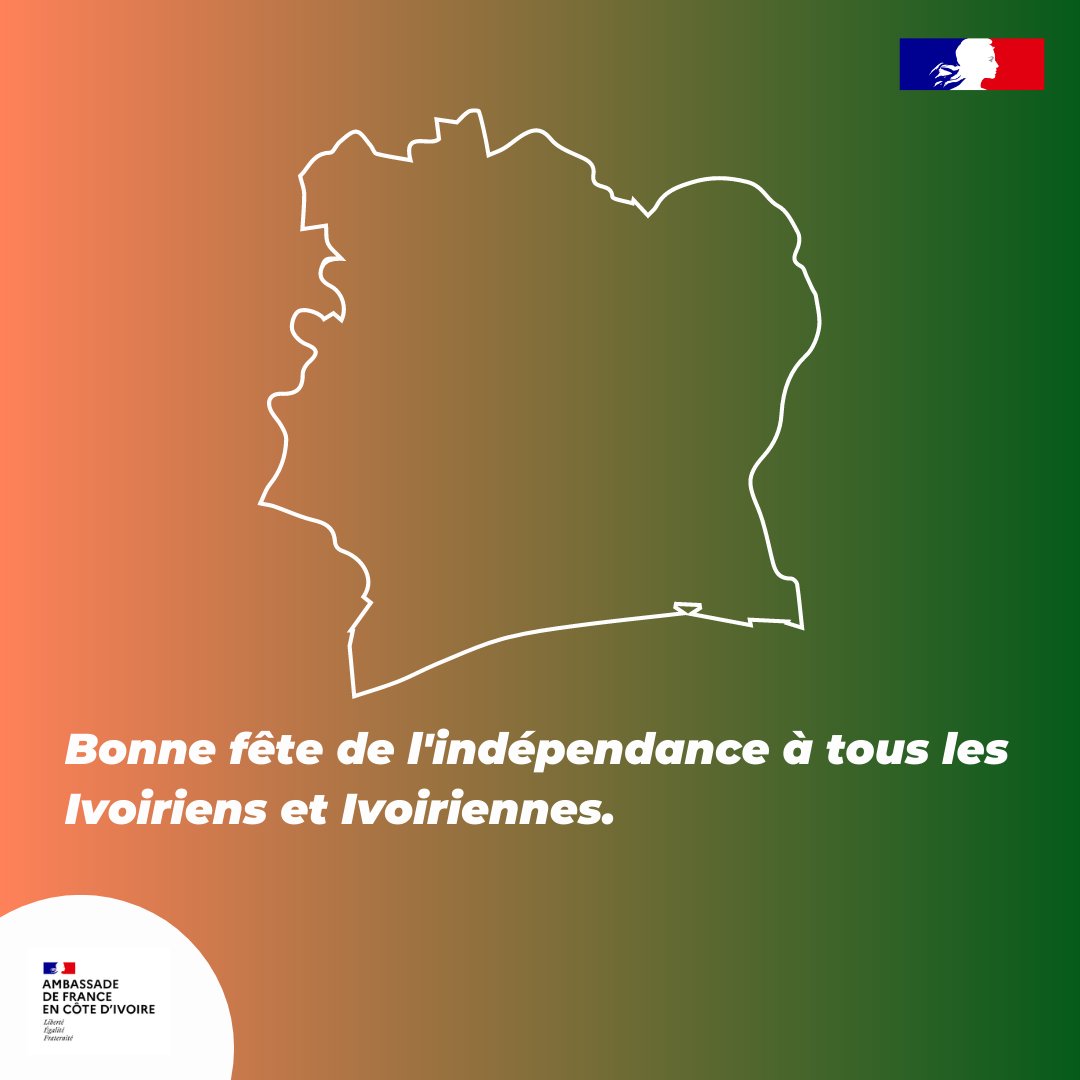 | Fête de l’indépendance 🇨🇮 |

L’Ambassade de France en Côte d’Ivoire souhaite à tous les Ivoiriens et Ivoiriennes une bonne fête de l’indépendance.