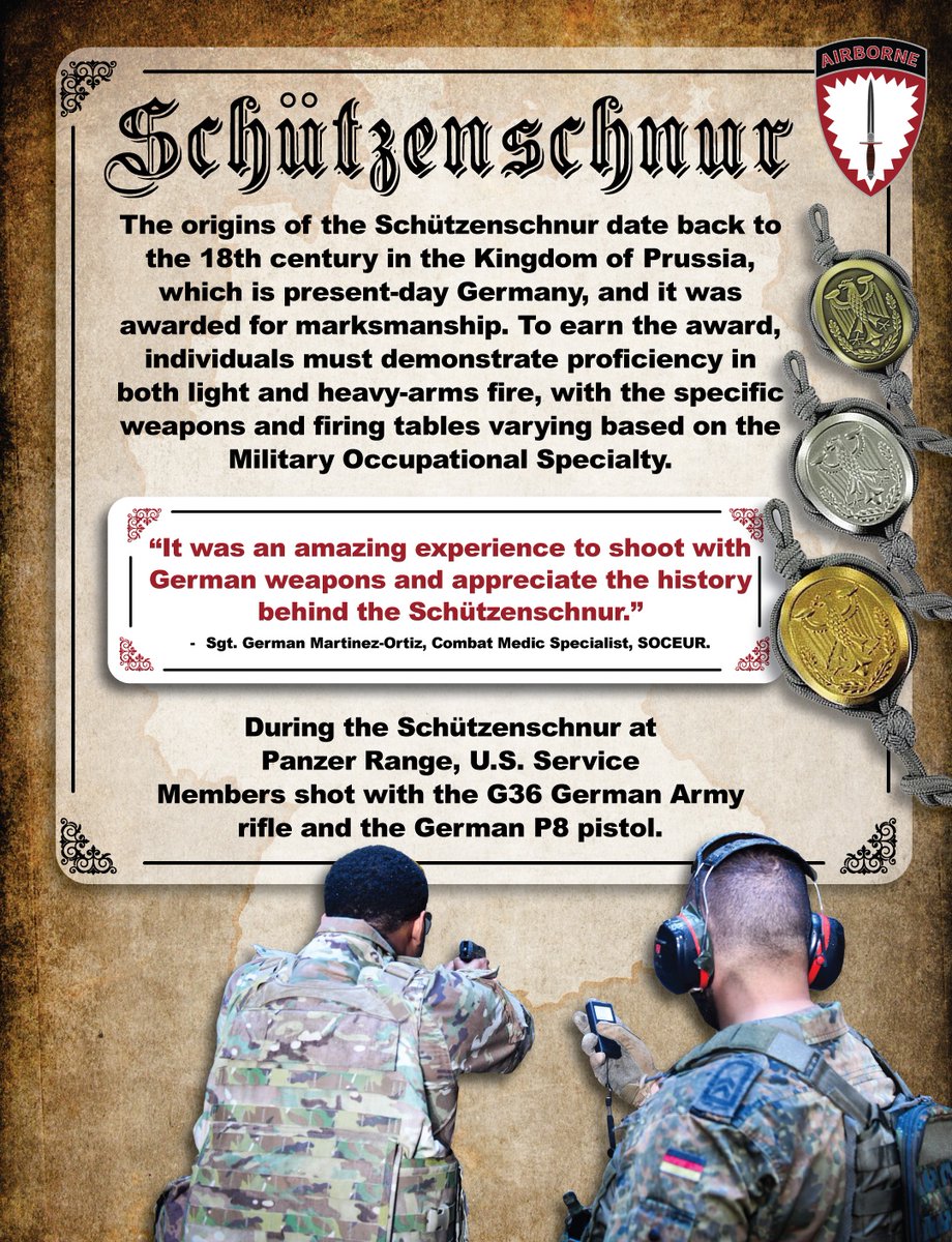 US_SOCEUR's tweet image. 💥🔫 The #Schützenschnur highlights mastery in arms fire skills, symbolizing precision and excellence.
 Kudos to our impressive #SOFsupport Soldiers from @US_SOCEUR and @USSOCAF for excelling in the challenge! 👏