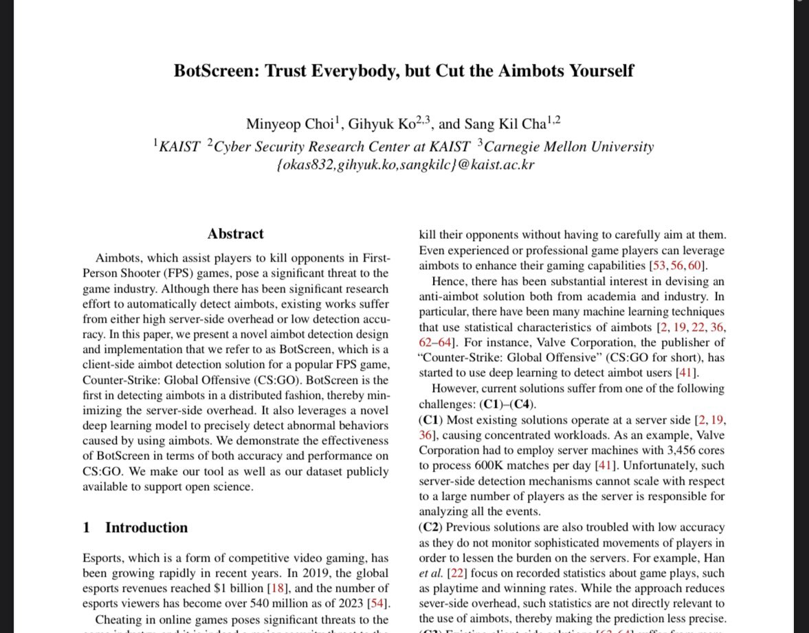 I will be presenting about our paper, “BotScreen: Trust Everybody, but Cut the Aimbot Yourself” at USENIX Security 23’

usenix.org/conference/use…
softsec.kaist.ac.kr/~sangkilc/pape…