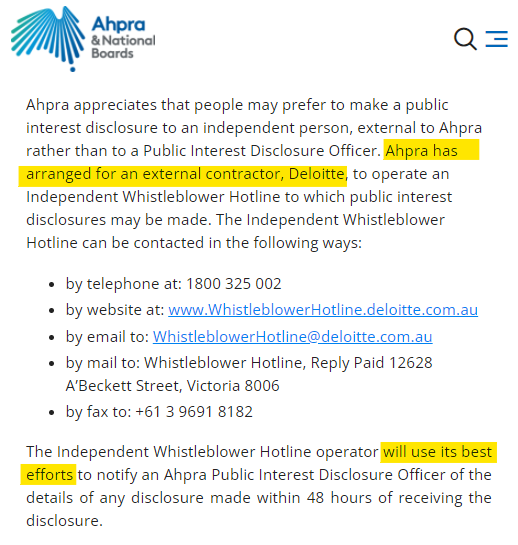 Fun Fact. 
<a href="/Deloitte/">Deloitte</a> run the Australian "Independent Whistleblower hotline" for AHPRA, the doctors regulator in Australia. 

Yeah. You can't make this stuff up. 
<a href="/TonyNikolic10/">Tony Nikolic ⚖️ Corinthians 15:58- #Holdtheline™️</a> <a href="/dragonfishy/">Paul Oosterhuis 🐭</a>
