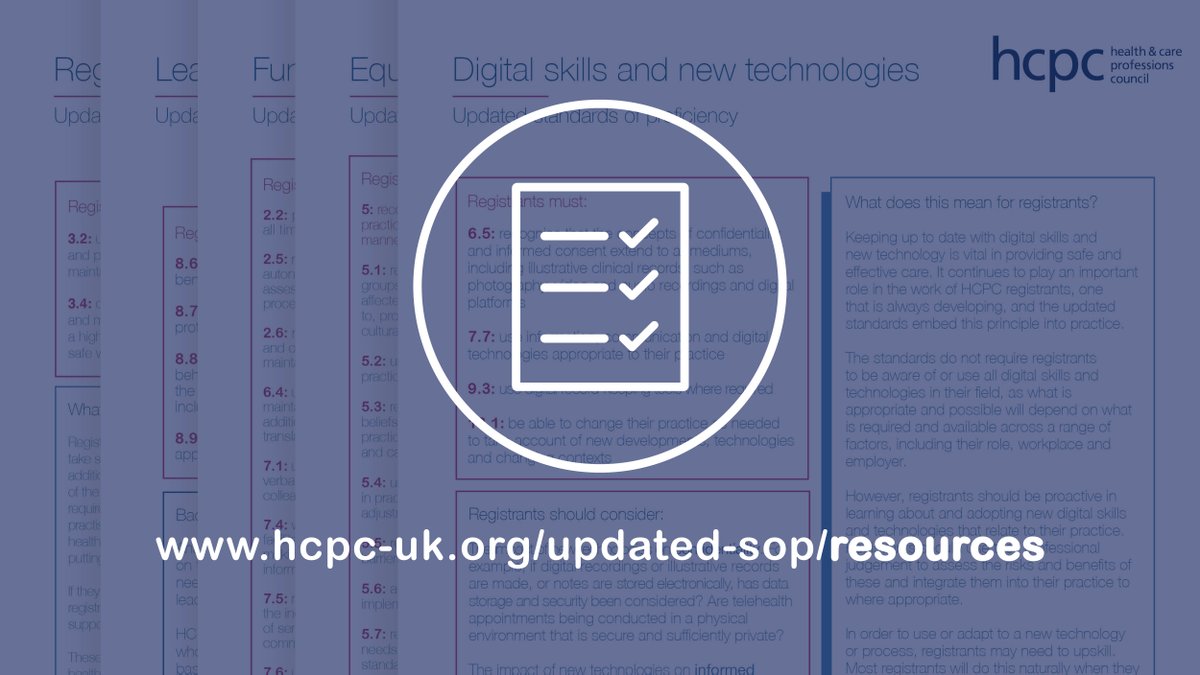 ⚡ Our handy fact sheets contain info on the five key themes in the updated standards of proficiency.

They set out what’s changed and what that means for registrants, plus case studies and external resources for further support. #myHCPCstandards

hcpc-uk.org/updated-sop/re…