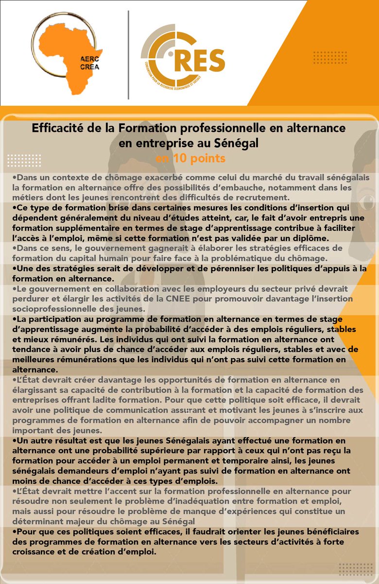 CresContact's tweet photo. Voici résumé en 10 points l'efficacité de la formation professionnelle en alternance en entreprise au Sénégal. 
Nos félicitations aux chercheurs du @CresContact et du @AERCAFRICA pour la qualité de leur travail.
#CRES
#AERC
#DCH
#Senegal
#Kebetu
#Développementducapitalhumain https://t.co/UKMQ9X5k9W