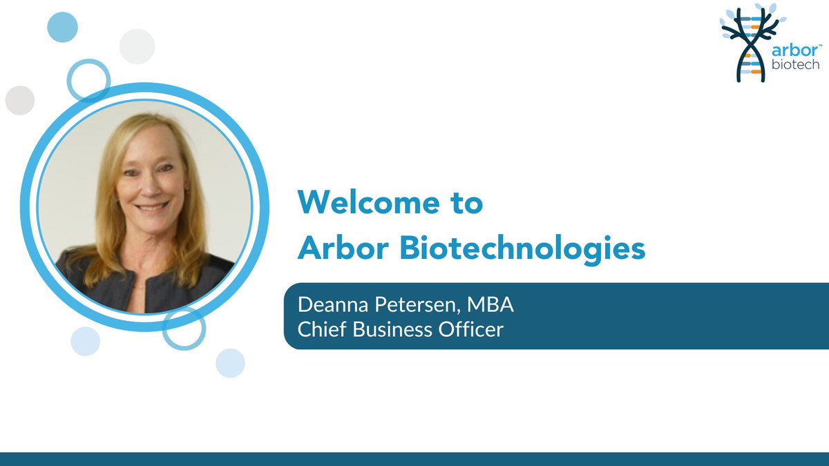 arbortx's tweet photo. Arbor is excited to announce the appointment of Deanna Petersen as our Chief Business Officer! Deanna has experience in global business, corporate development and strategic planning. She will be key as we continue to identify unique applications for our next-gen gene editors. https://t.co/00wJtEDztw