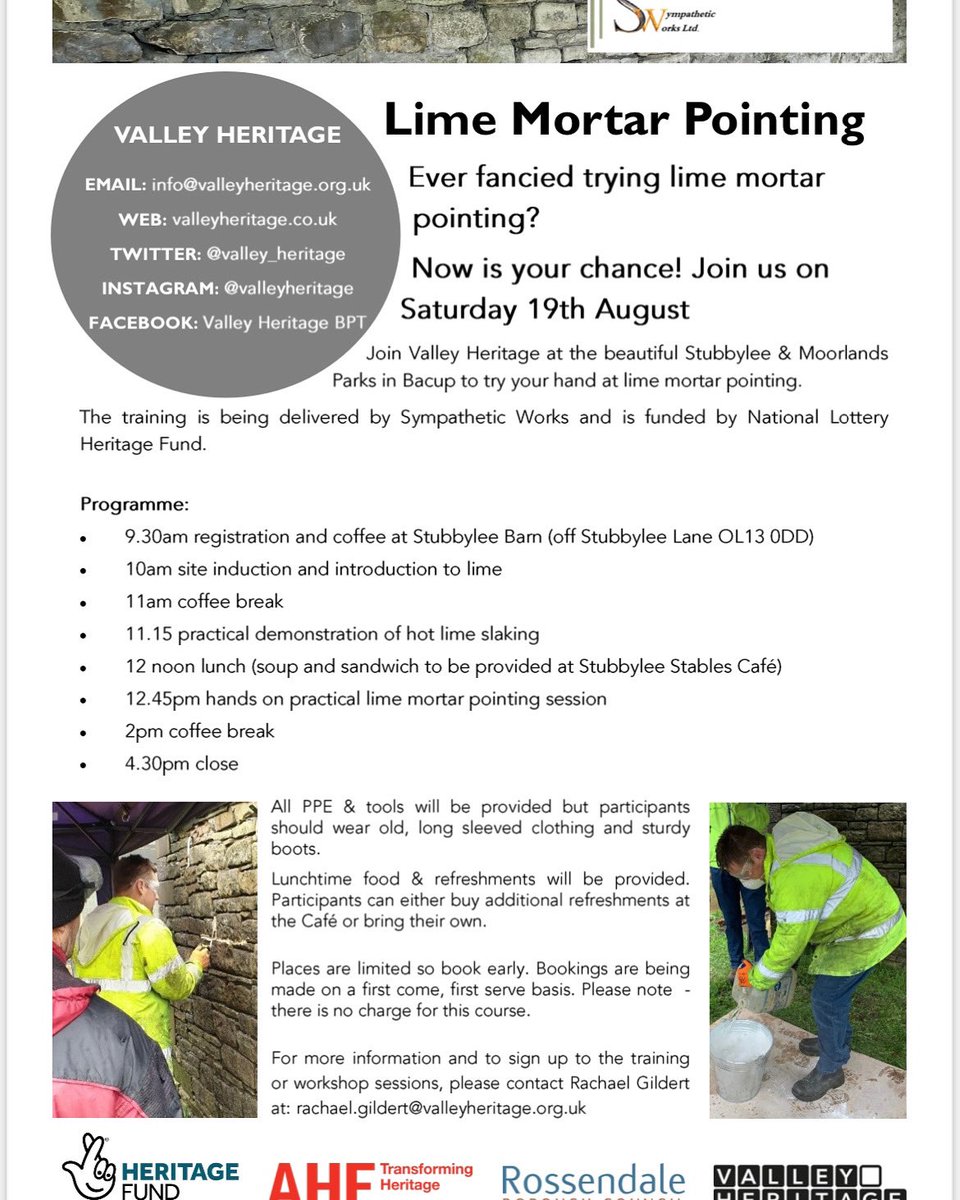 Join Valley Heritage and Sympathetic Works at Stubbylee Park for a one day lime mortar taster course Booking is essential, places are limited - all details are on the poster See you there 👷‍♀️🧱🥽 #limemortarpointing #traditionalskills #bacup #Rossendale #penninelancashire