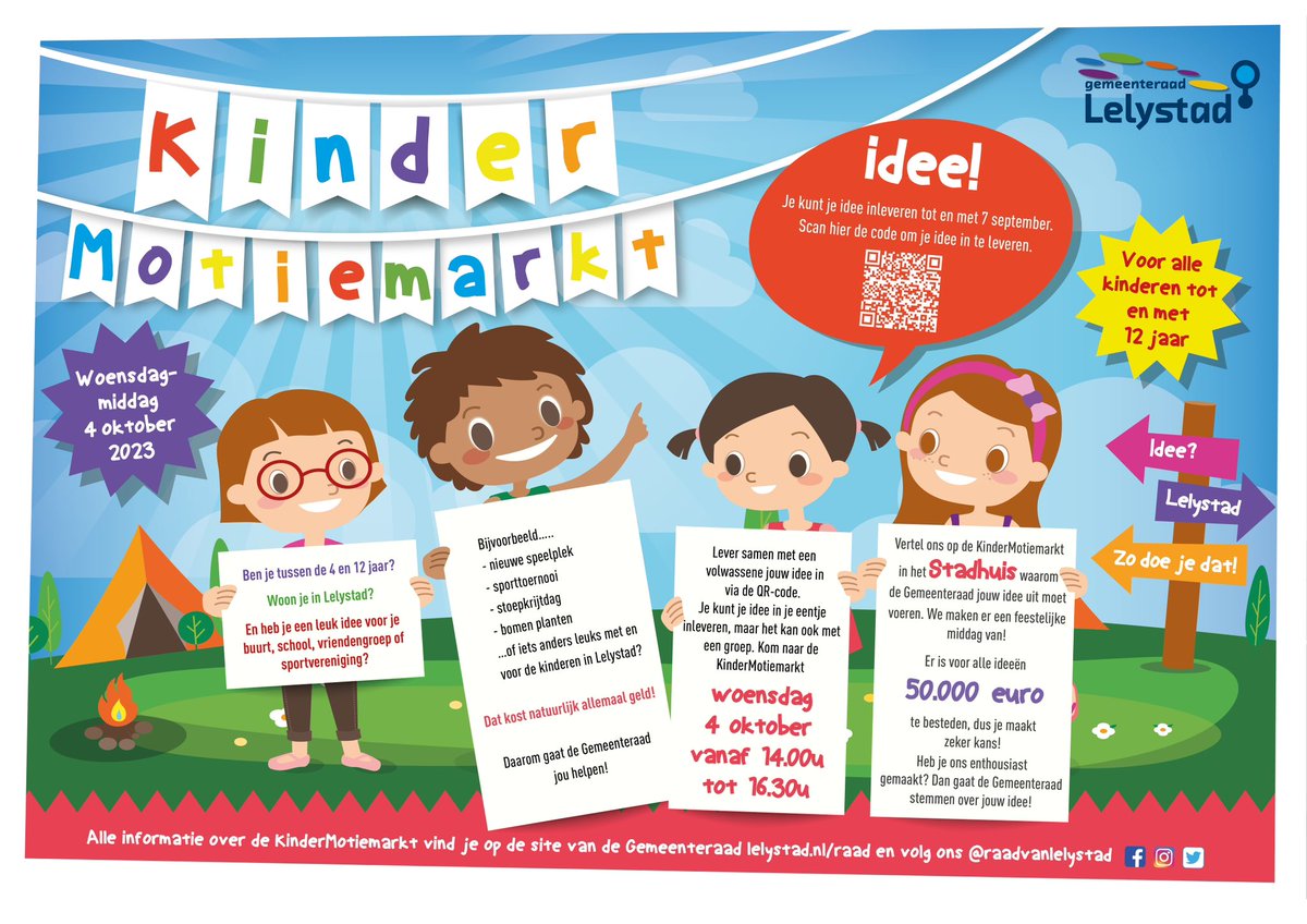 raadvanlelystad's tweet photo. Je hebt nog 3️⃣1️⃣ dagen om jouw idee voor Lelystad aan te melden! 

Woon jij in Lelystad en ben je 12 jaar of jonger? Doe dan mee met de KinderMotiemarkt! 

Informatie en aanmelden: https://t.co/gA4R5plhlt https://t.co/VbjEQePEC0