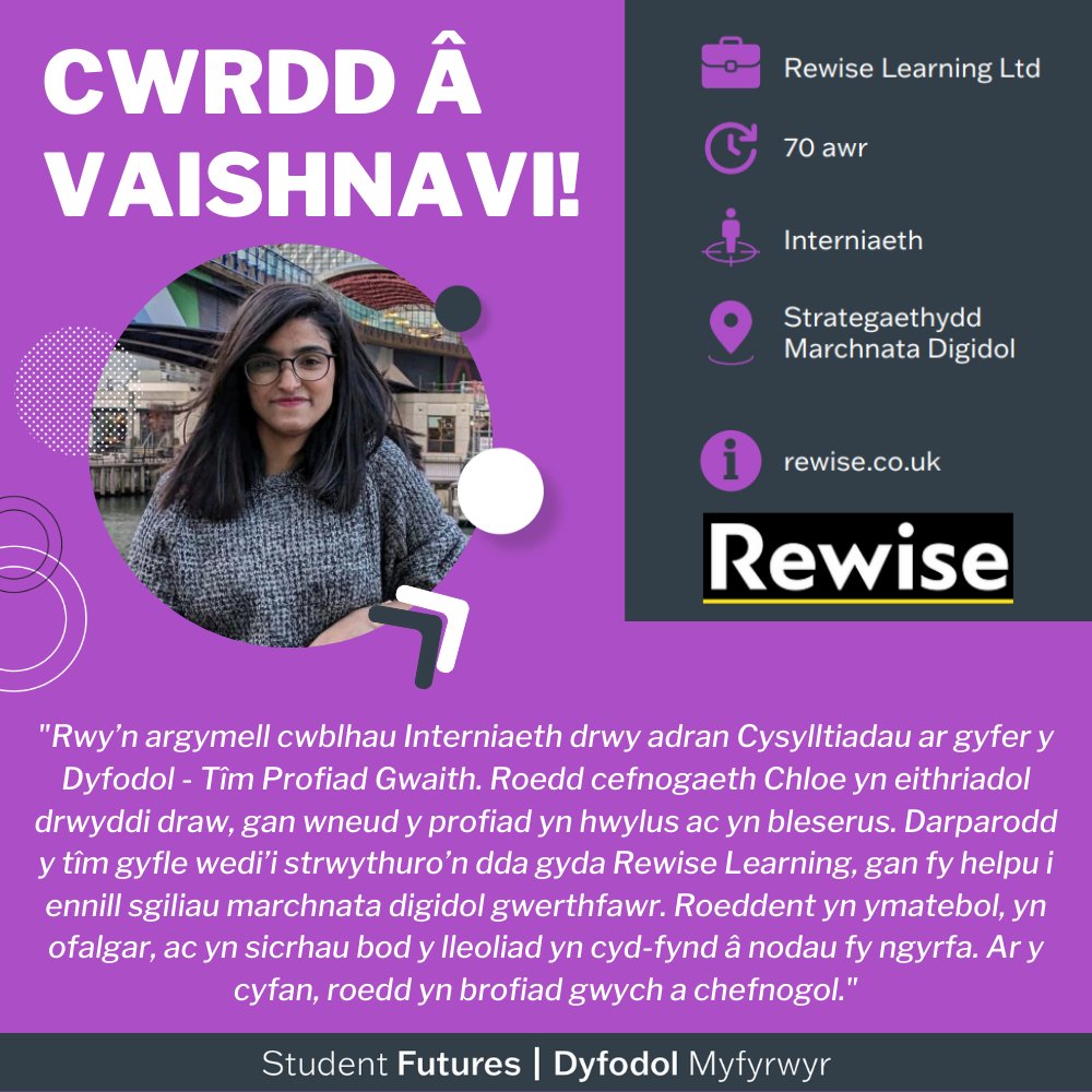 CU Student Futures | Dyfodol Myfyrwyr CU (@cardiffcareers) on Twitter photo Mae Vaishnavi yn fyfyriwr MSc Rheoli Busnes, a gweithiodd interniaeth 70 awr fel Strategydd Marchnata Digidol i <a href="/Rewise_Learning/">Rewise Learning</a>!
🚀 Dewch o hyd i brofiad gwaith sy'n cyd-fynd â'ch nodau gyrfaol: cardiff.targetconnect.net/user/placement… Mae Vaishnavi yn fyfyriwr MSc Rheoli Busnes, a gweithiodd interniaeth 70 awr fel Strategydd Marchnata Digidol i <a href="/Rewise_Learning/">Rewise Learning</a>!
🚀 Dewch o hyd i brofiad gwaith sy'n cyd-fynd â'ch nodau gyrfaol: cardiff.targetconnect.net/user/placement…