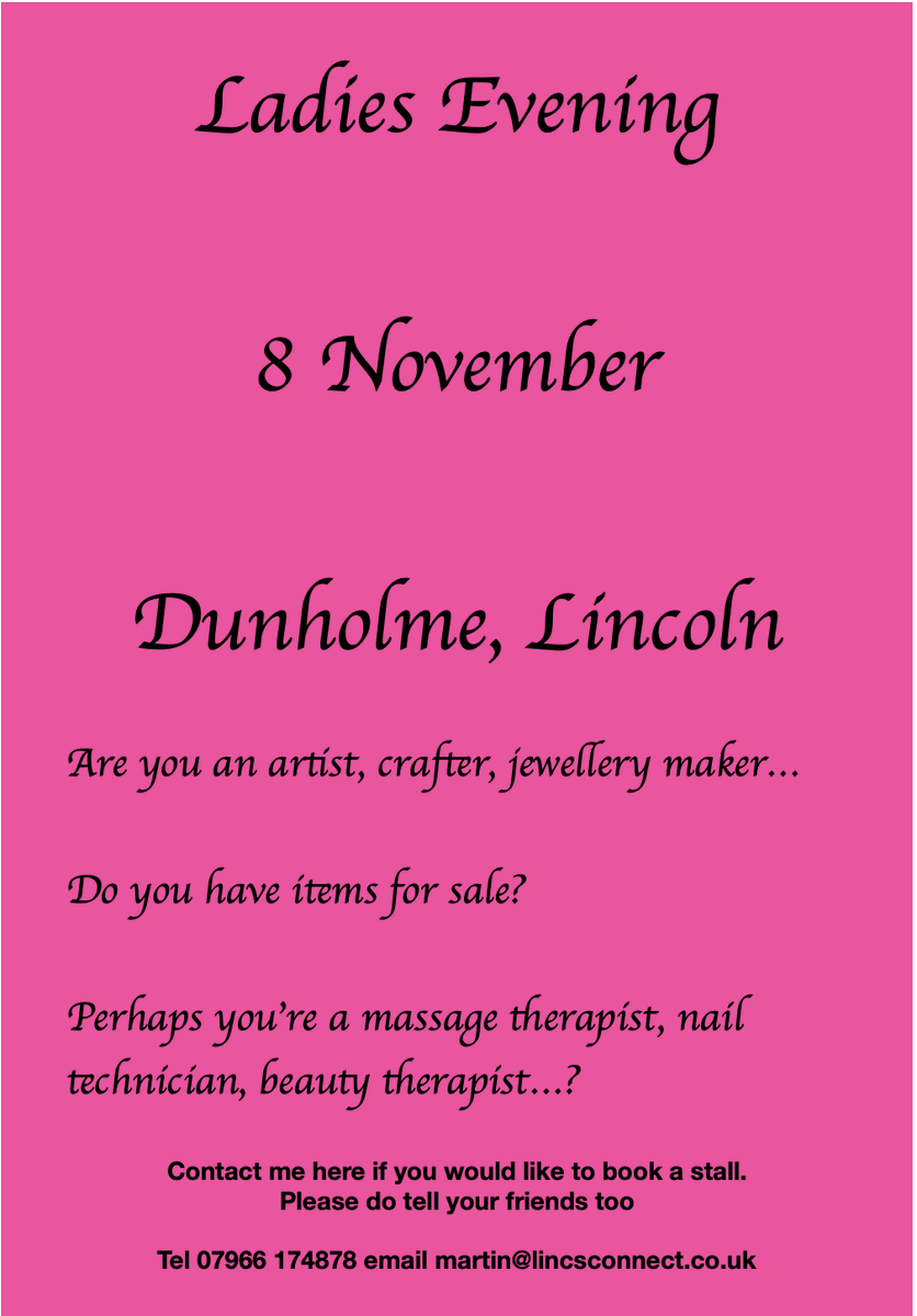CALLING ALL ARTIST< CRAFTERS &amp; MAKERS...

Would you like to have a still at the upcoming Ladies Evening in November?

Please do get in touch if you're interested 

#LincsConnect #LincsArtCraftHour