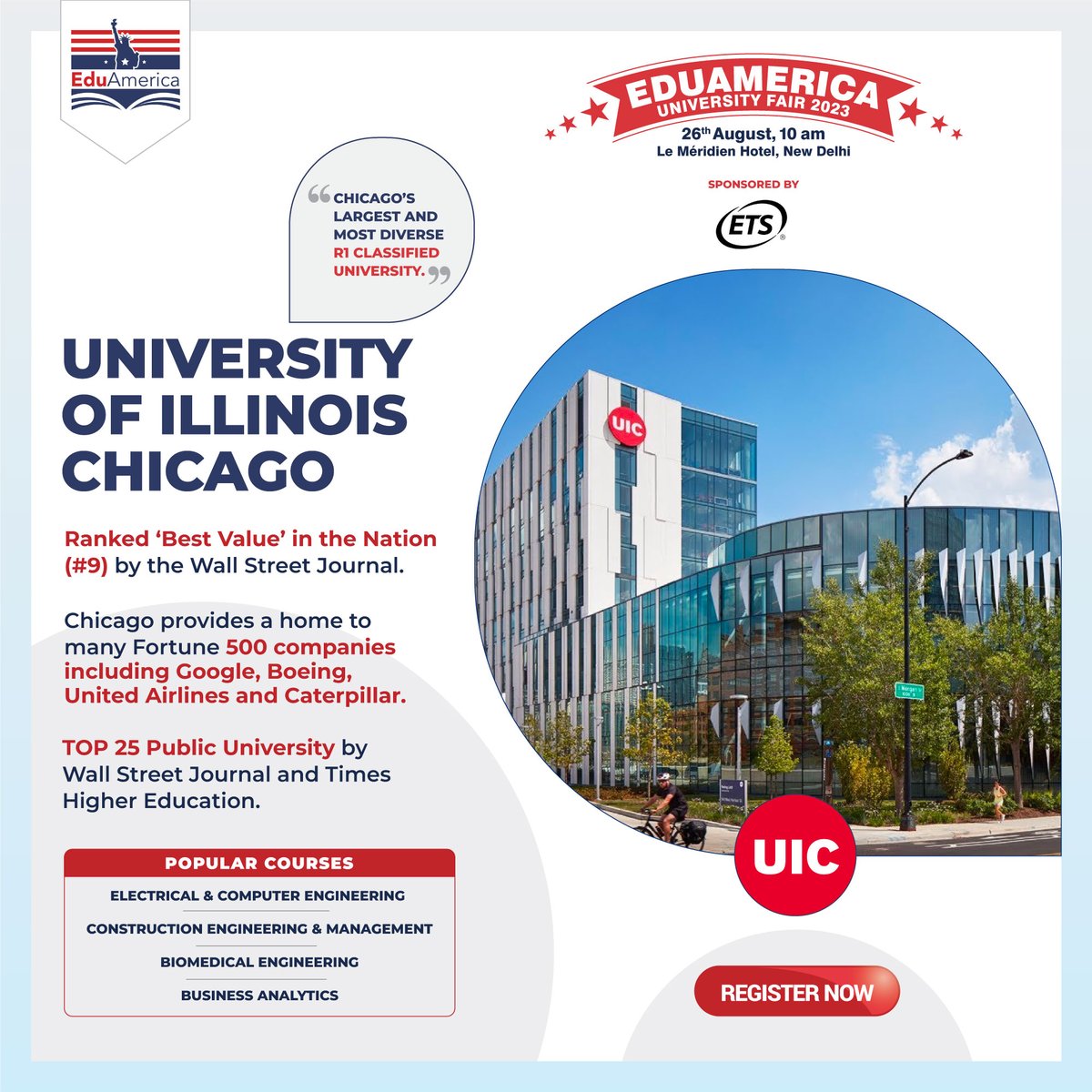 UIC today spends over $460 million in annual research expenditure supporting over 3,200 research projects. Visit the EduAmerica University Fair on the 26th Aug!

Register Now: rb.gy/zrtkt
.
.
#eduamerica #universityofillinois #universityofillinoischicago