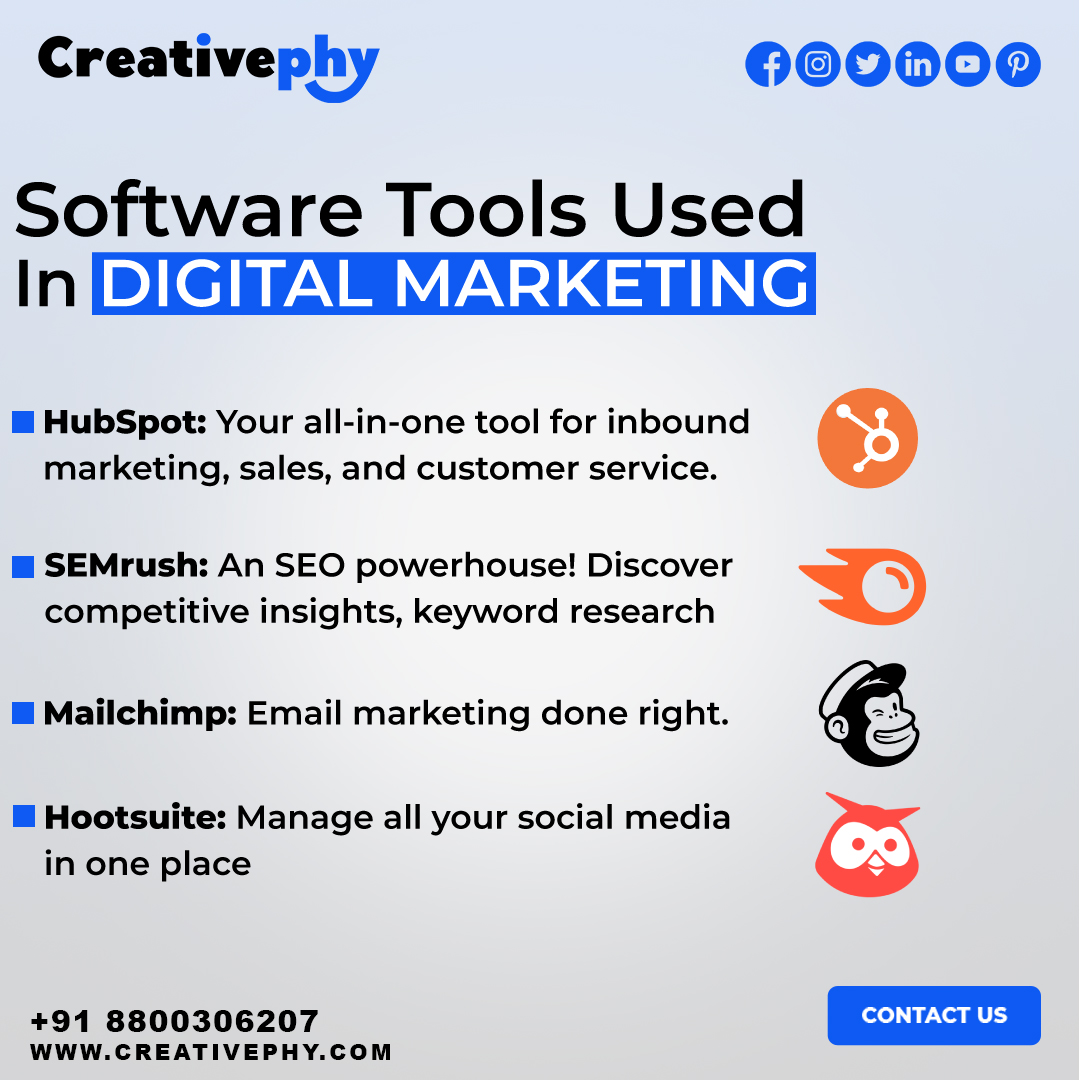 Software Solutions: Key Tools for Effective Digital Marketing.

#DigitalMarketingTools #MarketingSoftware
#MarketingAutomation #SEOTechnology
#SocialMediaTools #ContentMarketingTools
#EmailMarketingSoftware #MarketingAnalytics
#DigitalMarketingSoftware #PPCTools
#creativephy