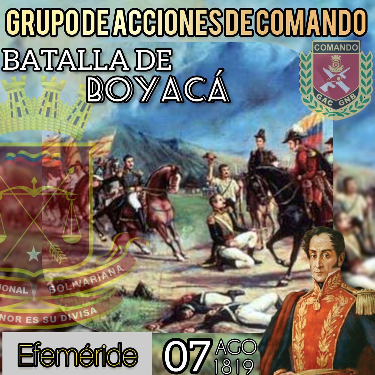 GBMorenoF's tweet photo. #07Ago Conmemoramos 204 años de Batalla de Boyacá, una de las batallas decisivas de la guerra de Independencia de América del Sur y garantizó el éxito de la Campaña Libertadora de Nueva Granada.
#PuebloVamosConTodo
@RedimainGac
@GAC_GNBMACARAO https://t.co/q3BQXUptx0
