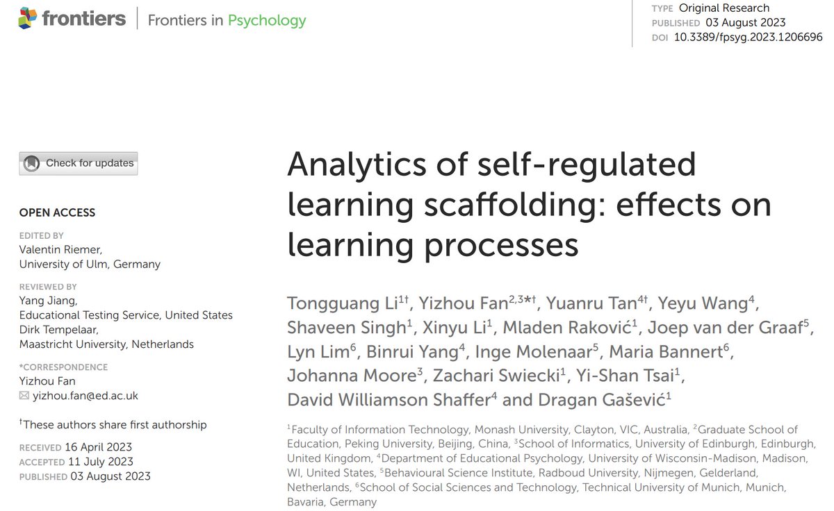 Very happy to see our new paper published on effects of analytics based personalized scaffolding for self-regulated learning. Very promising results for closing the loop of #learninganalytics and improving learning skills. #aieducation #edtech

frontiersin.org/articles/10.33…