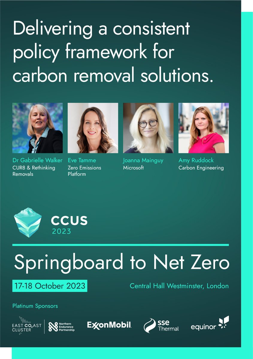 CCUS 2023: Springboard to Net Zero on Oct 17-18. Dive into policy for carbon solutions with key figures:

💠<a href="/GabrielleWalk3r/">Dr Gabrielle Walker</a>- <a href="/cur8earth/">CUR8</a> &amp; <a href="/RethinkRemovals/">Rethinking Removals</a>  
💠 <a href="/EveTamme/">Eve Tamme</a>  - @EUCarbonCapture 
💠Joanna Mainguy - <a href="/Microsoft/">Microsoft</a>  
💠Amy Ruddock- <a href="/CarbonEngineer/">Carbon Engineering</a> 

bit.ly/47j3TqL