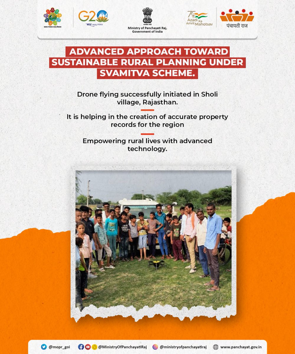 mopr_goi's tweet photo. The #DroneFlying has impactfully commenced under #SVAMITVA_Scheme, in #Sholi village, #Kota district in #Rajasthan, furthering assistance in improved #rural planning, & helping in the creation of accurate property records in inhabited Abadi areas of #RuralIndia.
#स्वामित्व_योजना https://t.co/umPTmBEDmJ