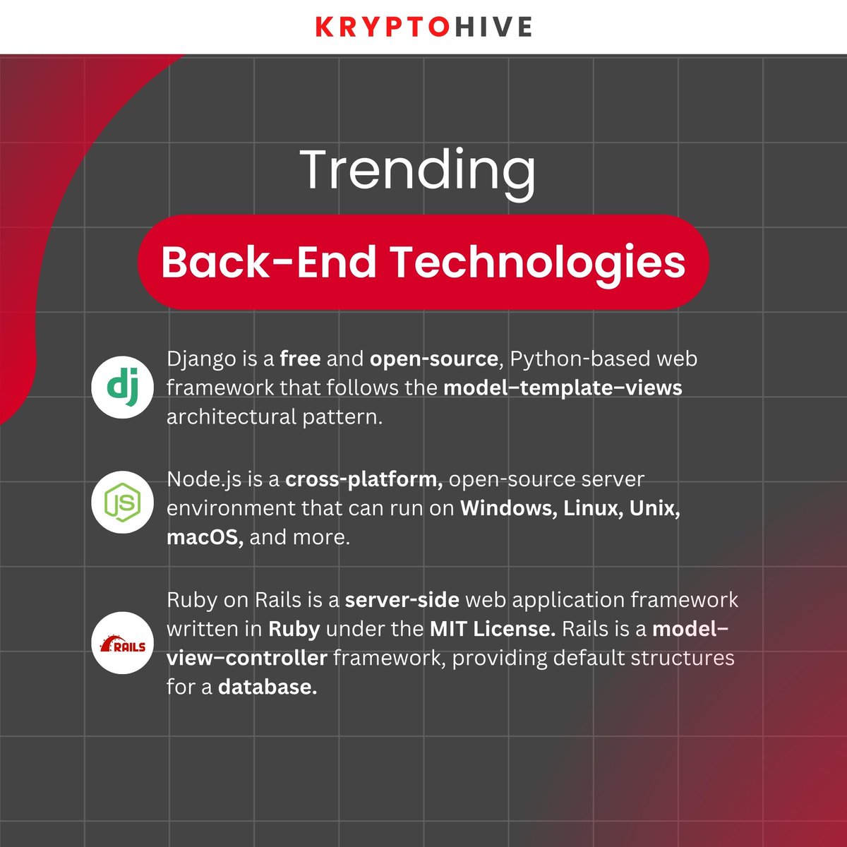Khiveio's tweet image. Discover the power of backend development - the backbone of web apps! It handles logic, database management, and more to fuel website functionality.
Below are some trending backend technologies.
#BackendTech #Django #NodeJS #RubyOnRails #trending #technology #Ruby #framework