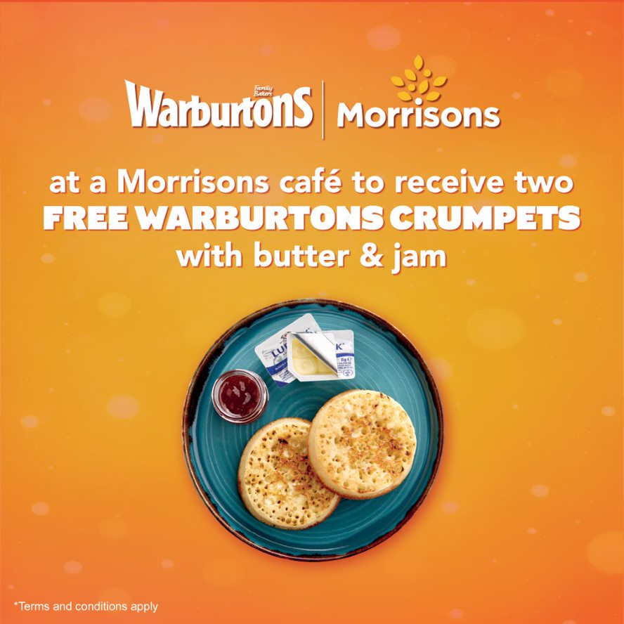 From 17/07/23 to 13/08/23, #AskForEllen at the till point at any UK Morrisons Café to receive 2 free Warburtons Crumpets with butter &amp; jam, while stocks last and subject to availability. Limit of 1 meal per customer per day. Offer not transferable and can't be exchanged for cash.