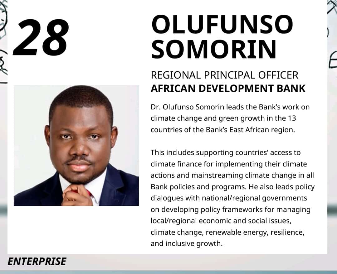 Emerging Leaders Foundation-Africa (@elfafrica1) on Twitter photo Today, we celebrate one of our mentors <a href="/funsosomorin/">Olufunso Somorin</a> who was recognized among the top 100 influential African Leaders 2023 in Technology and Telecommunication by <a href="/africatechfest/">Africa Tech Festival</a>. Olufunso leads the <a href="/AfDB_Group/">African Development Bank Group</a> work on climate change and green growth in the East African region. Today, we celebrate one of our mentors <a href="/funsosomorin/">Olufunso Somorin</a> who was recognized among the top 100 influential African Leaders 2023 in Technology and Telecommunication by <a href="/africatechfest/">Africa Tech Festival</a>. Olufunso leads the <a href="/AfDB_Group/">African Development Bank Group</a> work on climate change and green growth in the East African region.