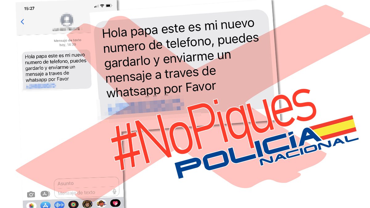 🚨 Ojo si te llega un mensaje como este🚨

⚠ Nueva oleada de la #estafa de "mamá/papá mi móvil está roto"

#NoPiques
👉Contrasta la veracidad contactando con tu hijo/a  
👉No hagas ningún pago

Y si has sido víctima de esta #estafa ➡ #denuncia