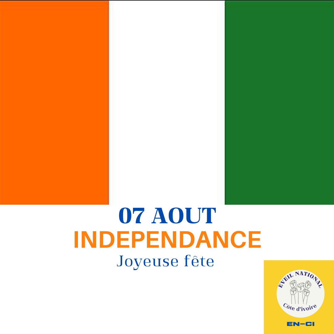 EveilNationa_CI's tweet photo. À l'occasion de la fête de l' indépendance, l' ÉVEIL NATIONAL-CI souhaite à tous et toutes une belle célébration de la fête de l'#indépendance.
Que cette fête, soit le symbole d'un avenir meilleur et prospère pour notre nation 🇨🇮.

#FÊTEINDÉPENDANCE
#CÔTEDIVOIRE
#ENCI https://t.co/kus0hMkCdA