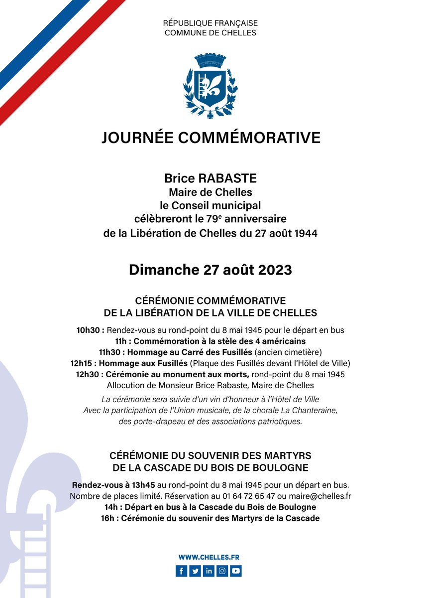 VilleChelles's tweet photo. [#COMMÉMORATION]

Les Chellois sont conviés à la 79e cérémonie commémorative de la Libération de Chelles du 27 août 1944.
-------------------------------------------
📅 Dimanche 27 août 2023
🕐 À partir 10h30
📍 Rendez-vous au rond-point du 8 mai 1945

#VilledeChelles https://t.co/J4vG9D7Pzg