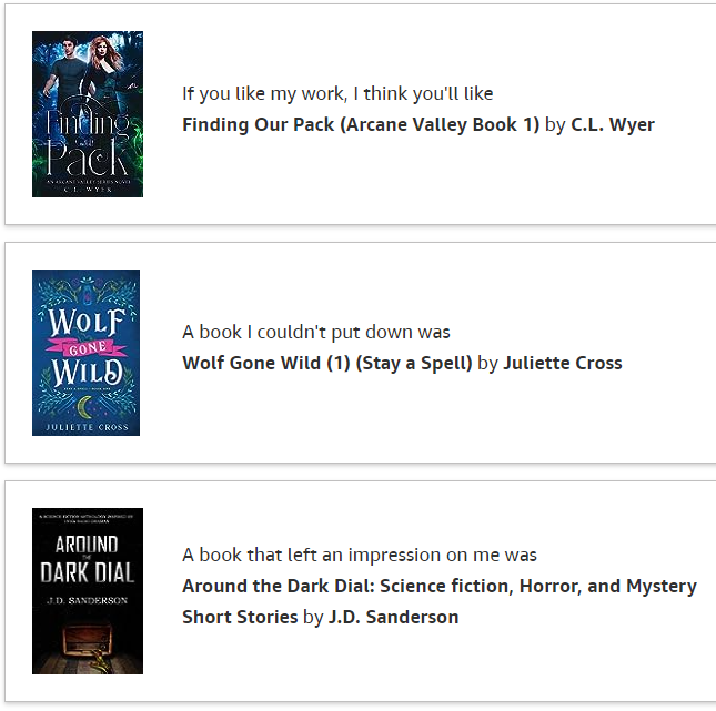 AuthorWa's tweet photo. This months Author recommendations on Amazon.
Finding Our Pack by C.L Wyer
Wolf Gone Wild by Juliette Cross
Around the Dark Dial by J.D Sanderson
Have you updated you author recommendations?
#bookrecommendations #authorcentral #readingcommunity #WritingCommunity https://t.co/vqOwFCUPNt