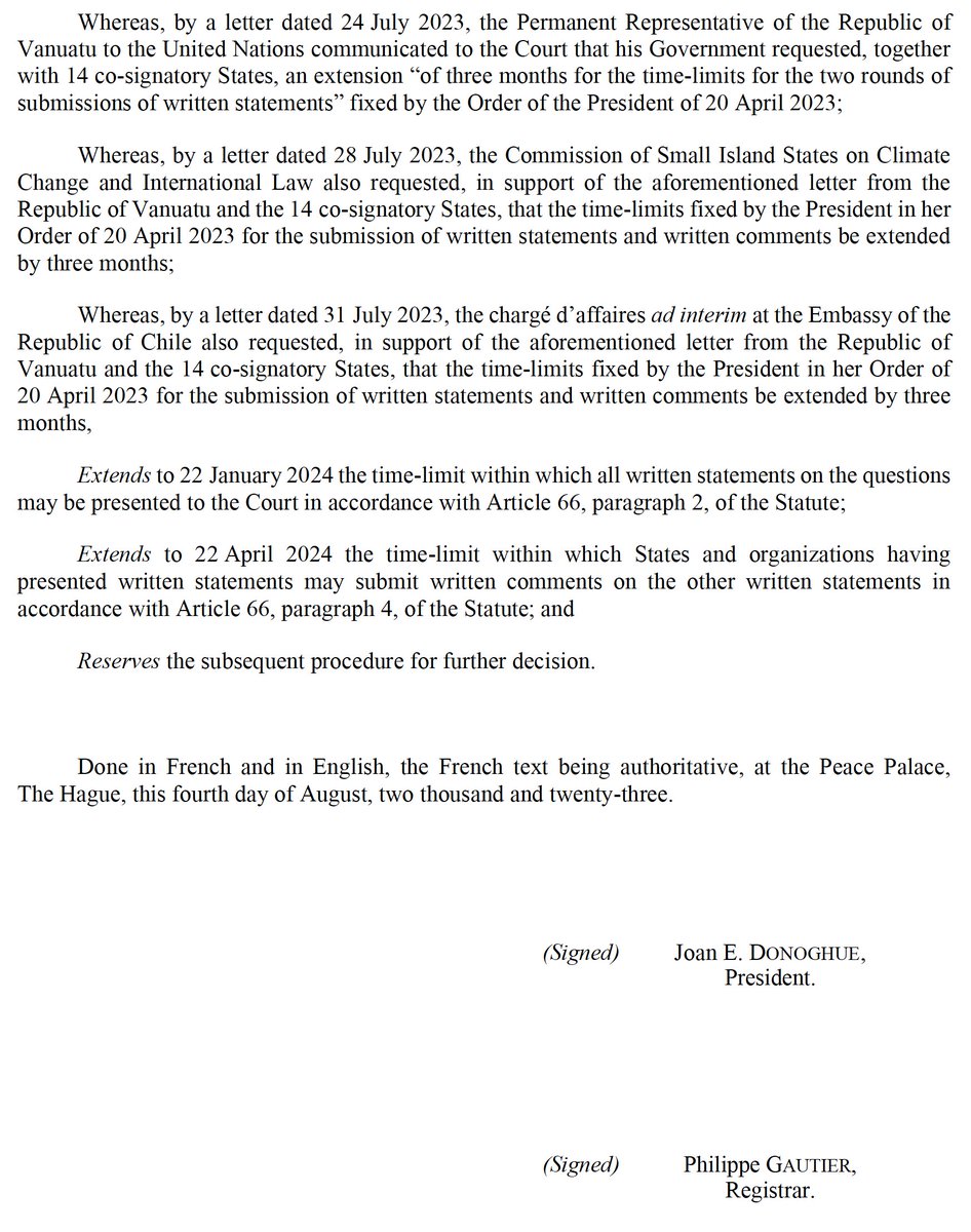 Vanuatu 🇻🇺 + members of the #ICJAO4Climate core group 🇦🇬🇧🇩🇨🇷🇩🇪🇱🇮🇫🇲🇲🇦🇳🇿🇵🇹🇷🇴🇼🇸🇸🇬🇺🇬🇻🇳 requested an extension of the time limits for the written proceedings from the @CIJ_ICJ and are pleased that this was granted. This will be a boon to the many states with little or no experience…