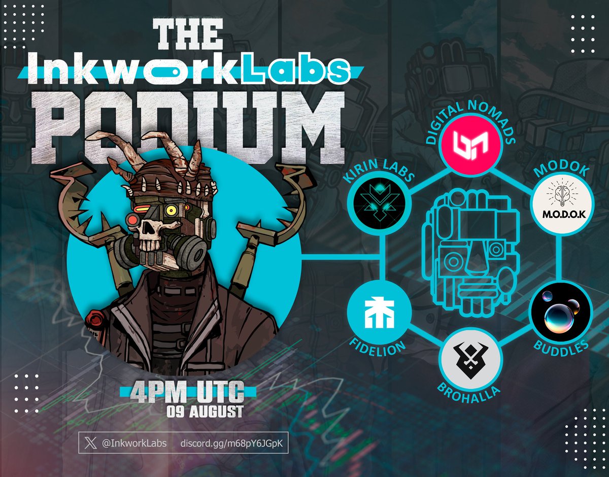 InkworkLabs's tweet photo. The Inkwork labs Podium Ep. 4 will be live again this week 

As usual, your Host🎤 : @InkworkLabs 

Guest speakers🎙️: @FidelionNFT | @DigitalNmds | @BrohallaNFT | @Buddles_co | @KirinLabs_NFT | @MODOK_

Set your reminder 👇https://t.co/ydfAn8v3zR https://t.co/qCIMQJ6Akl