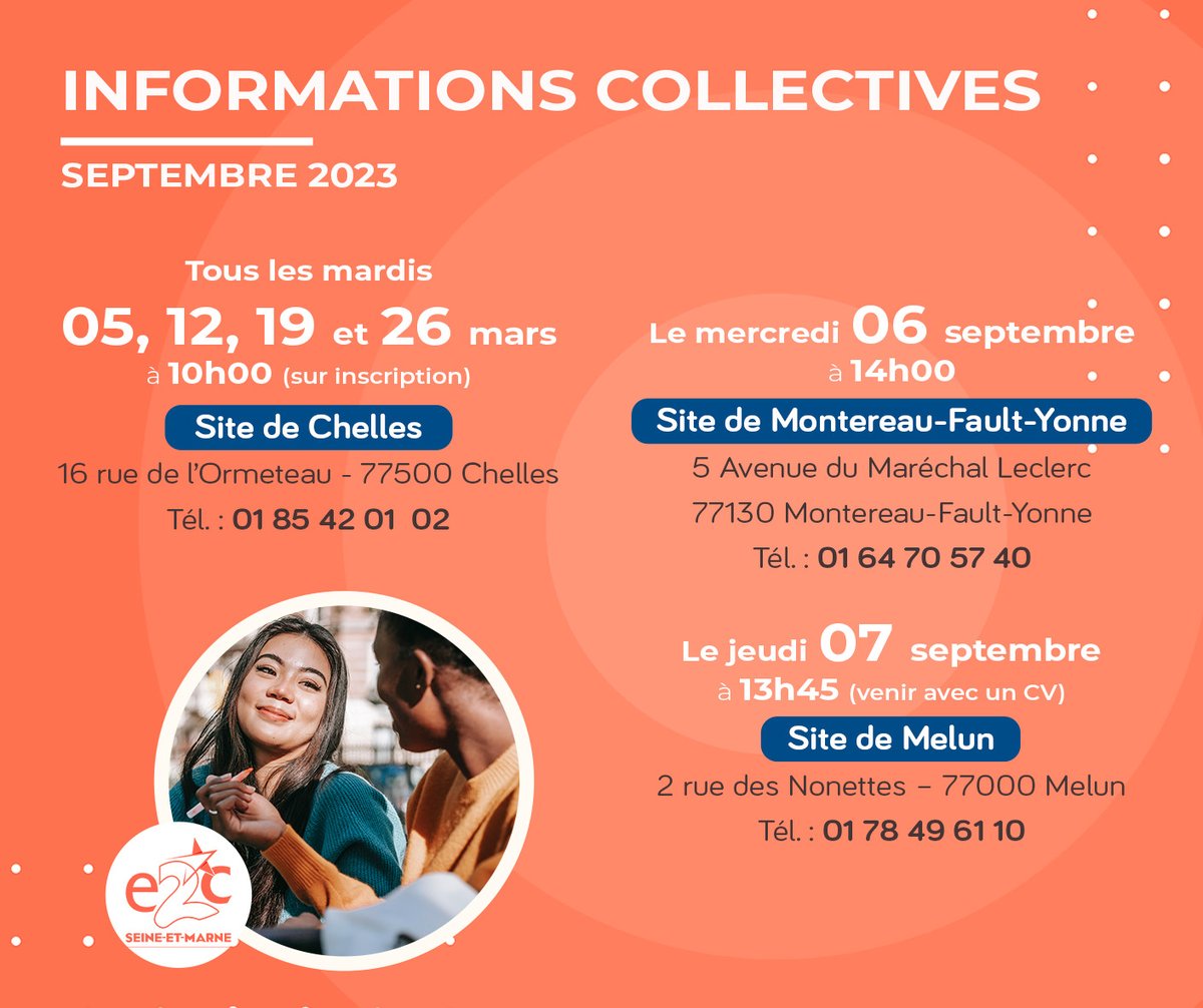 📣 [INFORMATIONS COLLECTIVES] 📣
➤ pour les jeunes de 16-25 ans
➤ souhaitent s'informer sur l'accompagnement et le parcours de formation à l’E2C
➤ sont motivés à se former ou trouver un emploi