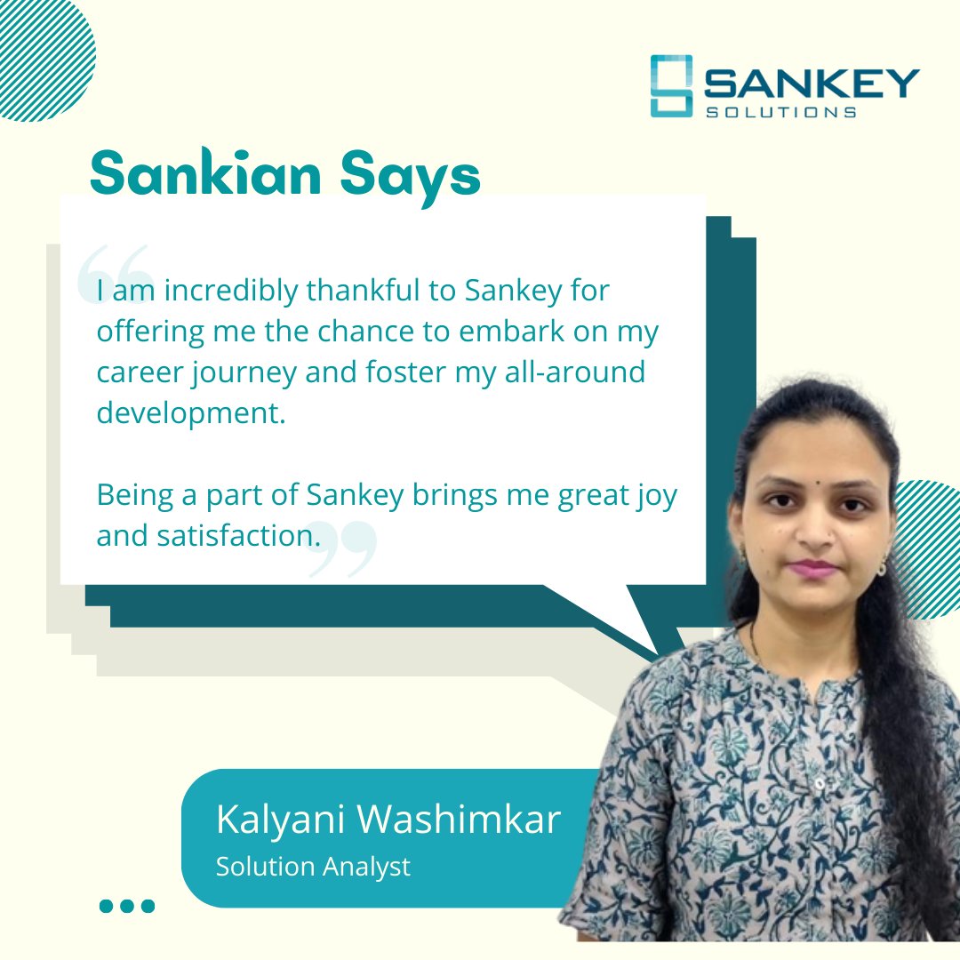 Our Sankians' growth and happiness are at the heart of what we do at Sankey! Here's what one of our Sankians from the amazing team would like to share about her experience.
#sankeysolutions #sankeyculture #sankian #employees #employeeengagement #employeeappreciation
