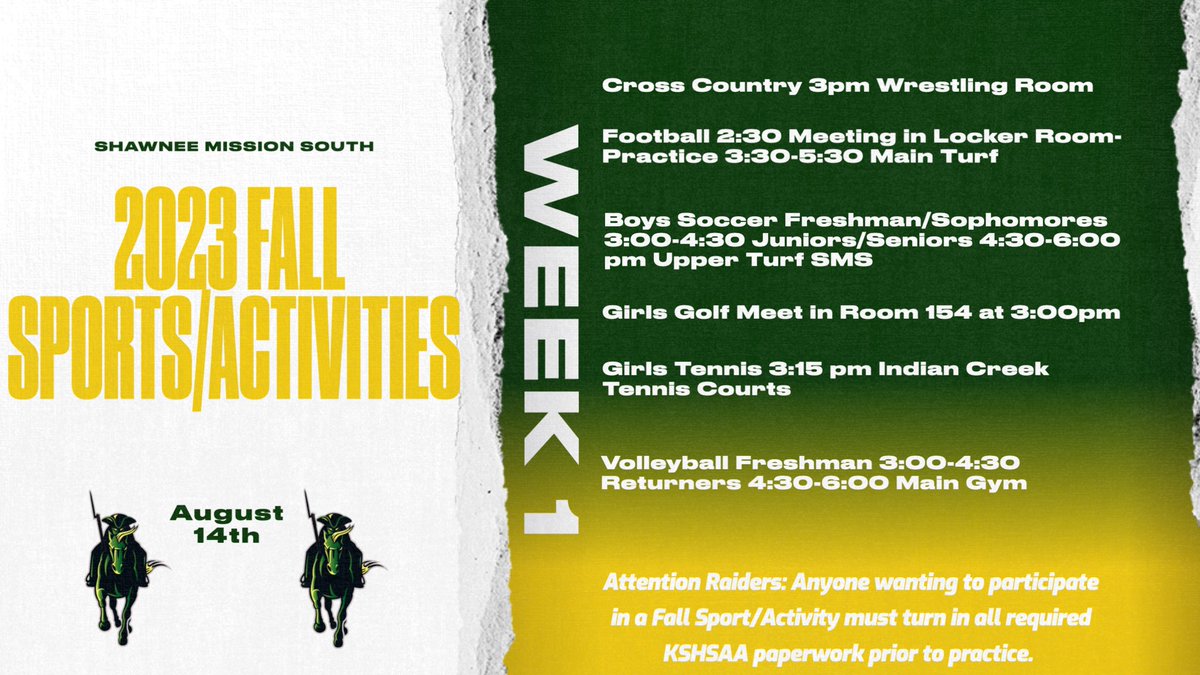 SMSRaidersAD's tweet photo. We are a week away from the start of Fall Sports. Contact your coach for more details and turn in your paperwork to the Athletic Office. @SMSRaiderFB @sms_tf @CoachHenry42 @RaiderFutbol @SMSRaiderTennis @SMSouthRaiderVB https://t.co/RvzM3LcztK