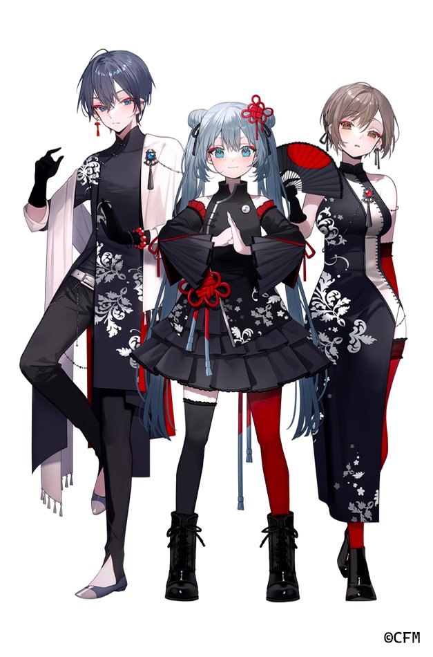 hatsune miku ,kaito (vocaloid) ,meiko (vocaloid) multiple girls 2girls thighhighs 1boy dress holding fan hand fan  illustration images