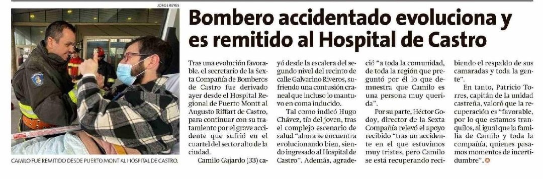 BomberosdeChile's tweet photo. 𝗣𝗥𝗘𝗡𝗦𝗔 | Bombero accidentado evoluciona y es remitido al Hospital de Castro. https://t.co/mrPpC7S5QK
