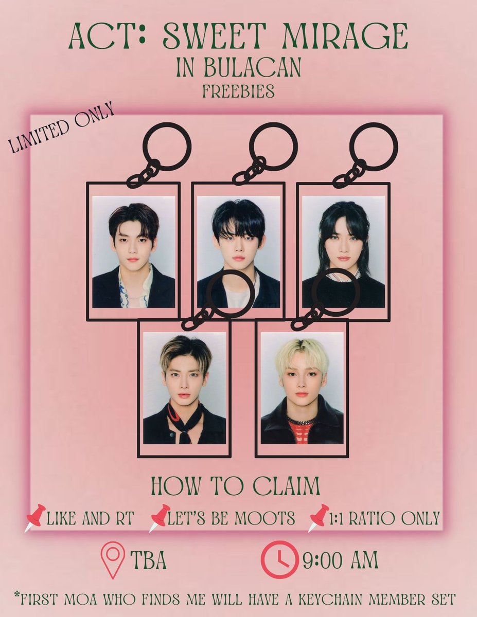 🍀TXT ACT : SWEET MIRAGE BULACAN FREEBIES🍀 

🕘9:00 AM
 📍 TBA

SEE U THERE MOAs!!!
#TXT_ASM_TOUR_in_BULACAN #TXTinBulacan
<a href="/TXT_members/">TOMORROW X TOGETHER</a> #TXT_ASM_TOUR_in_BULACAN