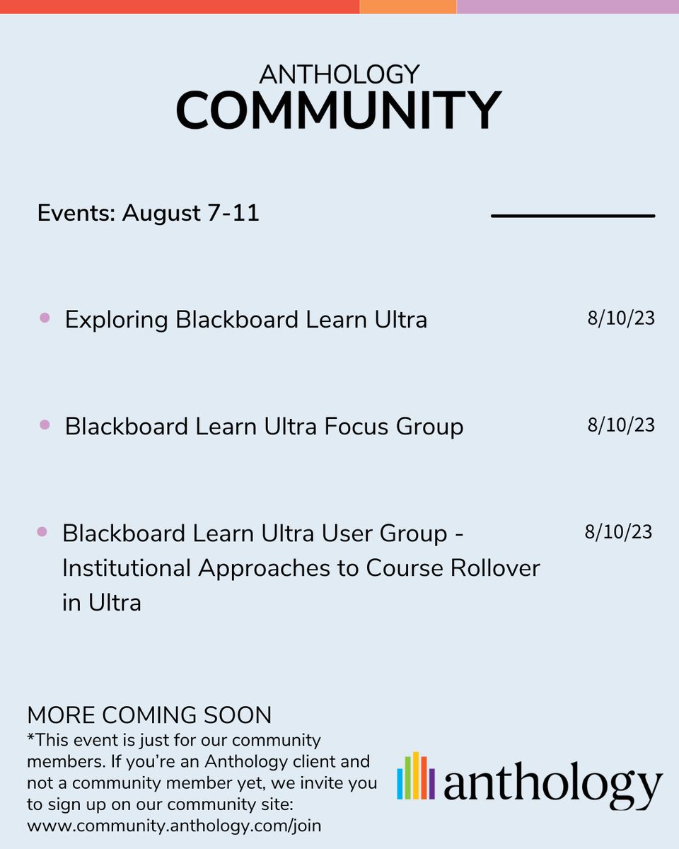 Learn from and connect with your peers. Upcoming sessions include Blackboard Learn Ultra best practices, Ally office hours, and the Anthology Academy. Sign up now and be part of the Anthology community! ow.ly/ZZ1m50Ptcgk

#Community #Events #Webinar