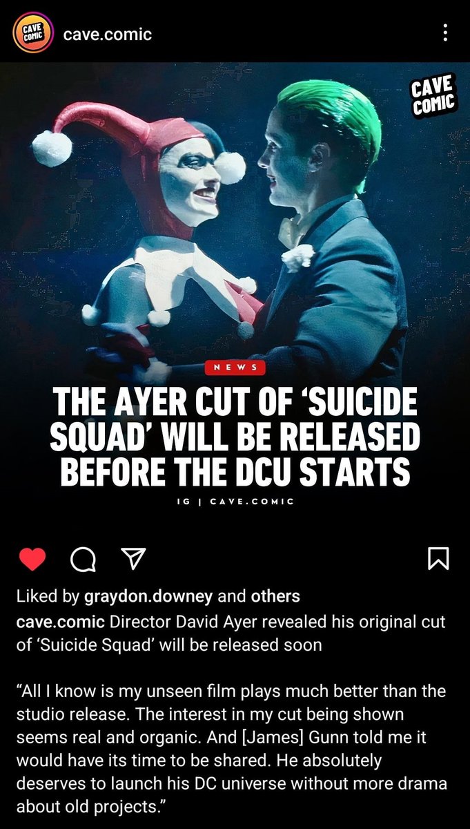 SnyderQueen_'s tweet photo. David Ayer's Suicide Squad will be released "before DCU starts" according to Cave.Comic on Instagram 🃏
#ReleaseTheAyerCut @wbd https://t.co/1wnxzrs6rI
